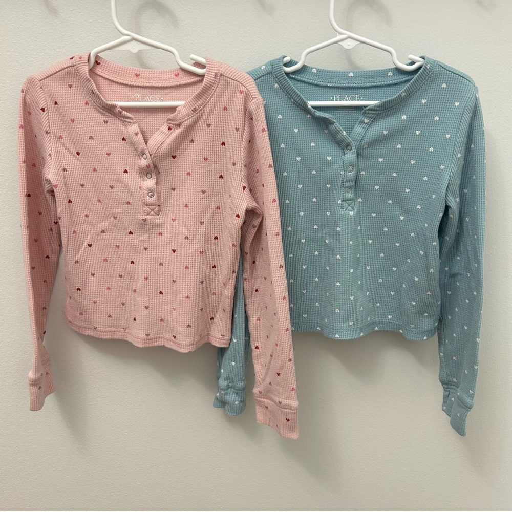 The Children's Place Pink and Blue Long Sleeve Heart Waffle Tees - S 5/6